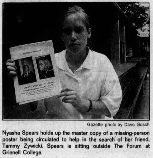 Tammy Zywicki. Volunteer holding flier. The Gazette August 28, 1992