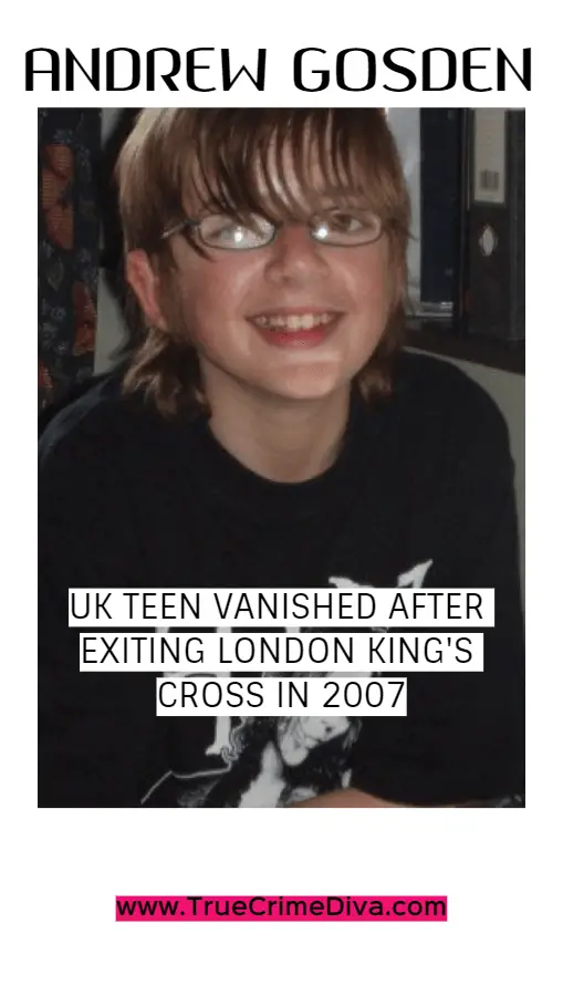 Andrew Gosden: UK Teen Vanished After Exiting London King's Cross in 2007 - True Crime Diva. Andrew Gosden bought a one-way ticket to London from Doncaster. He vanished after exiting King's Cross Station in 2007 and has not been seen since. 