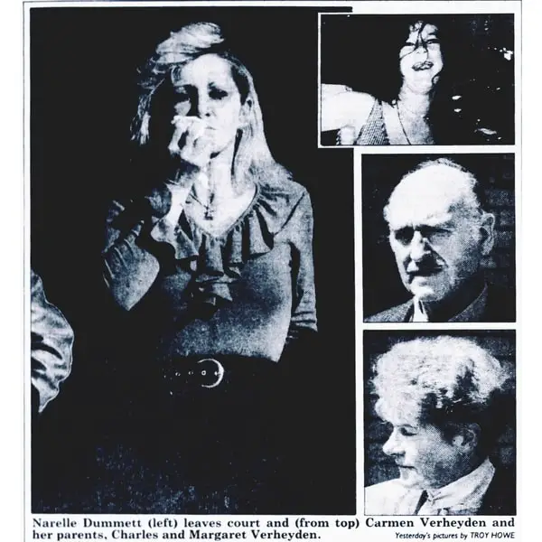 Carmen Verheyden: newspaper image of Carmen, her roommate Narelle Joy Dummett and her parents Charles and Margaret Verheyden
