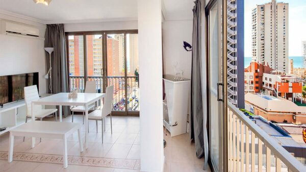 Kirsty Maxwell: photo of the living room & balconies of apartment 9E at My Payma Apartments in Benidorm, Spain.