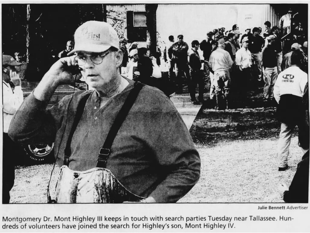 Mont Highley IV: newspaper photo of his father in the foreground/searchers in the background.