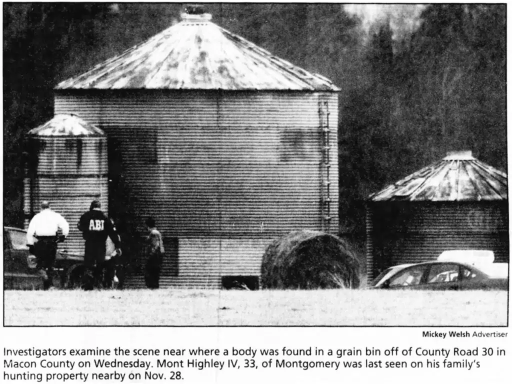Mont Highley: newspaper photo of the grain silo where his body was found.