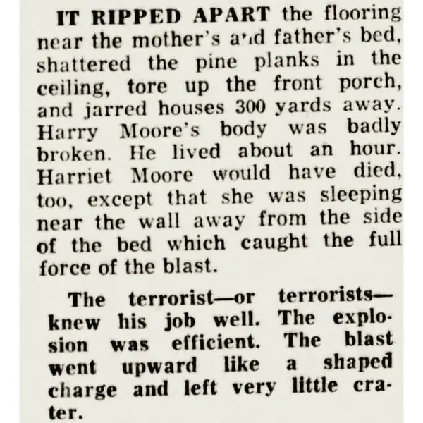 Harry and Harriette Moore: newspaper clipping detailing the aftermath of the bomb.
