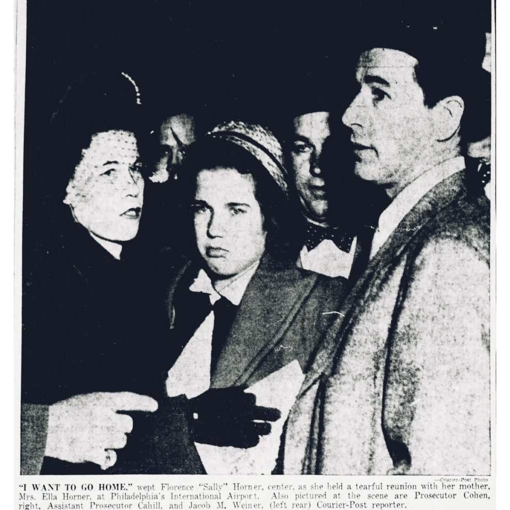 Florence Sally Horner: newspaper photo of Sally with her mother and two prosecutors after landing in Philadelphia in March 1950