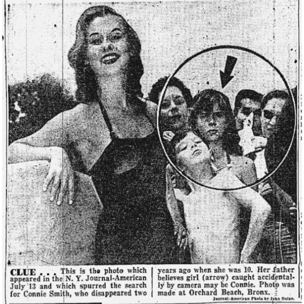 Connie Smith: newspaper photo of girl resembling Connie on a NY beach in July 1954.