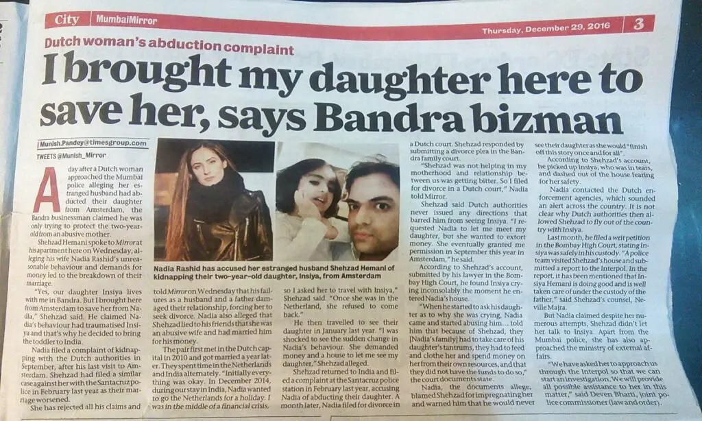 Insiya Hemani: newspaper photo of Mumbai article of Hemani admitting he has Insiya