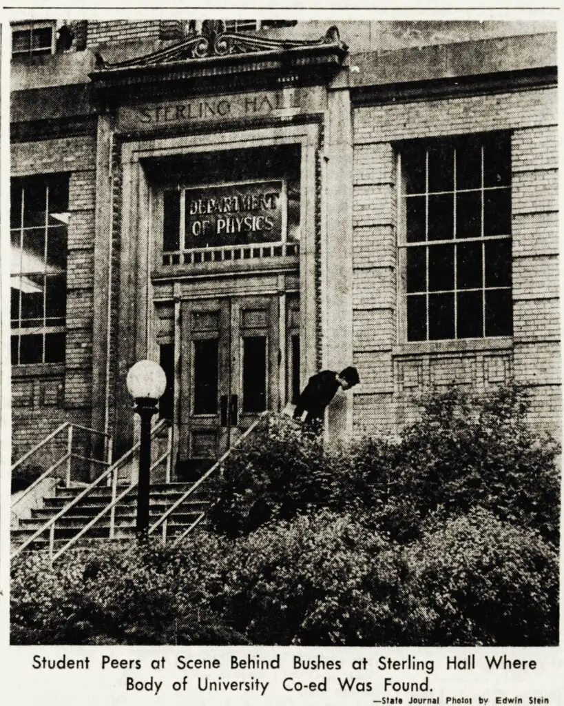 Christine Rothschild: newspaper photo of UW's Sterling Hall in Madison, WI, in 1968