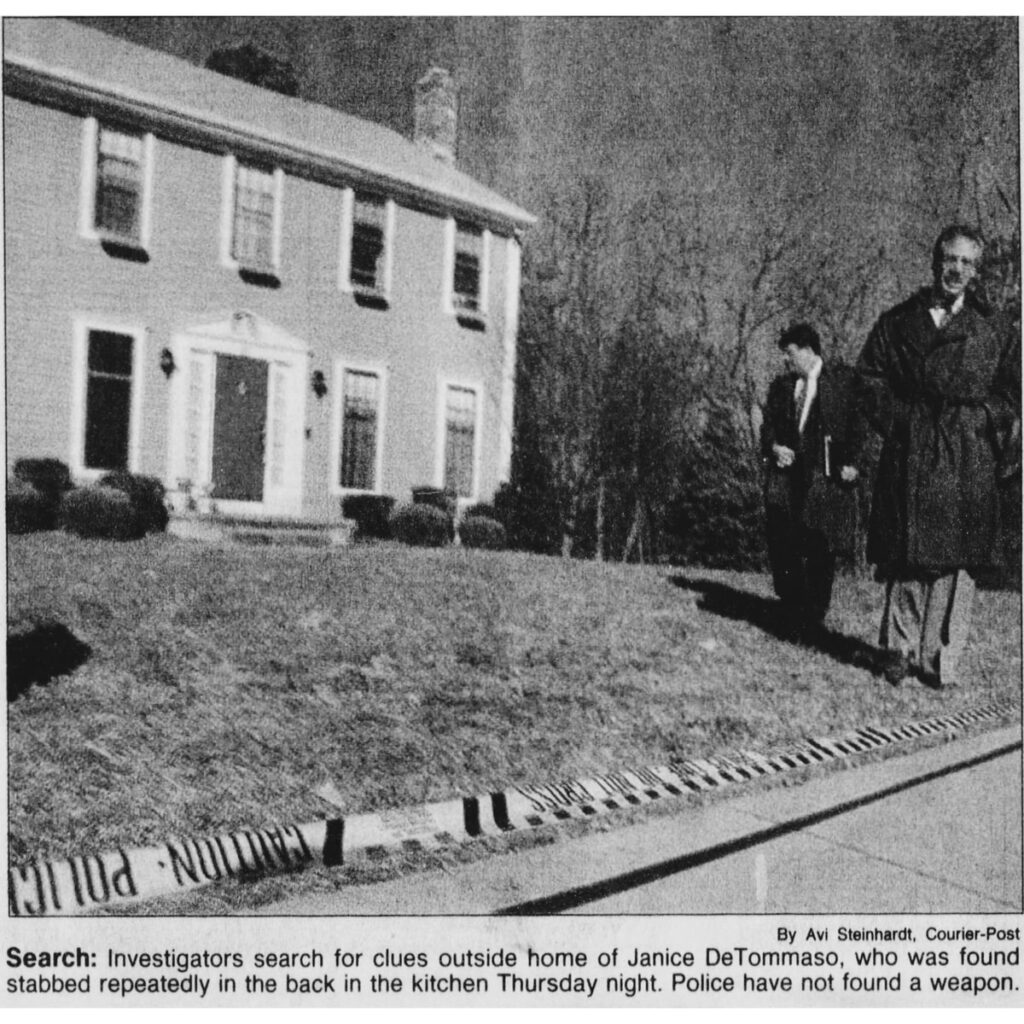 Janice Bell: newspaper photo of investigators outside the Bell home shortly after Janice's murder.