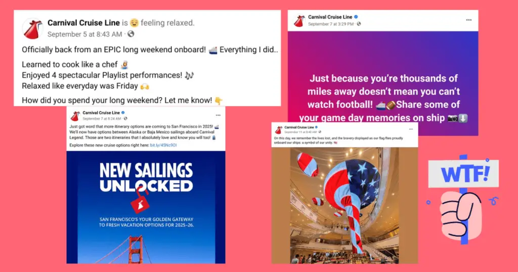 Kevin McGrath: collage of Carnival Facebook posts after his disappearance not discussing Kevin