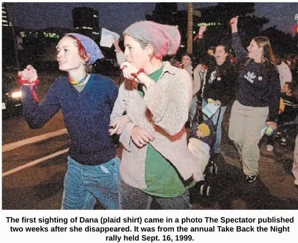 Dana Zelic at Take Back the Night Rally in Hamilton, ON, on 9/16/1999, after she disappeared.