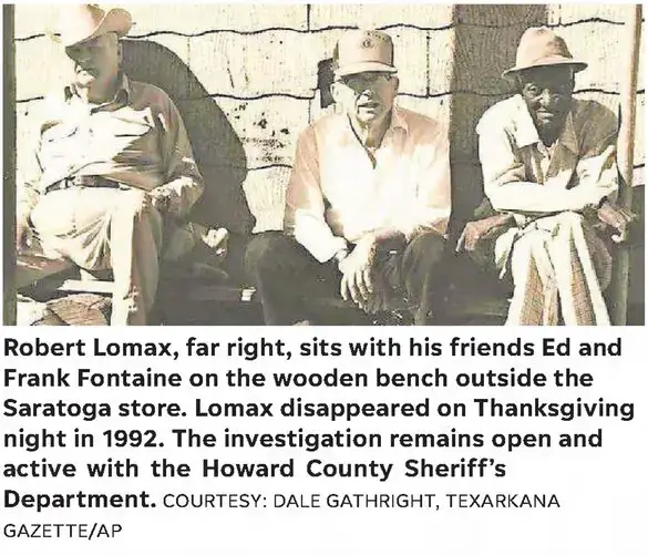 Robert Lomax sitting on a bench with Ed and Frank Fontaine outside a store in Saratoga, AR
