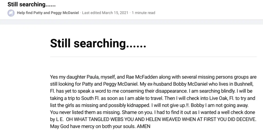 Patty and Peggy McDaniel: mother's FB post regarding her missing twins