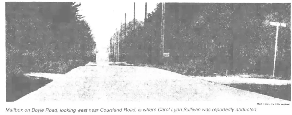 Newspaper photo of Doyle Road near Courtland Blvd where Carol Lynn Sullivan vanished