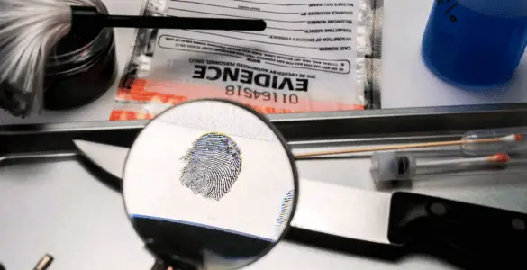 stock photo of a police investigation - evidence bag, fingerprint, magnifying glass, duster, knife, DNA
