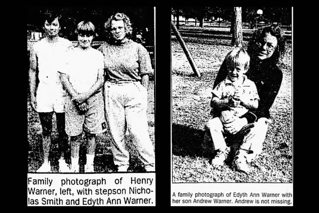 Newspaper photos of Henry and Edyth Warner with their children, Nicholas Vincent Smith and Andrew Warner.