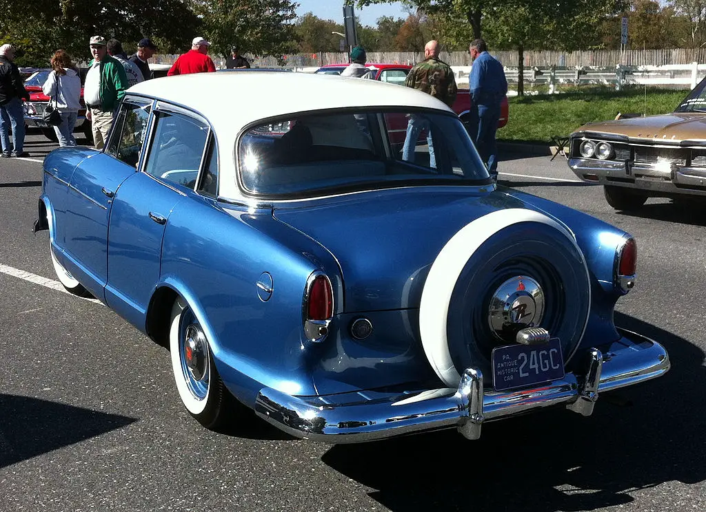 A blue and white 1960 Rambler American similar to Cindy Lee Mellin's car.