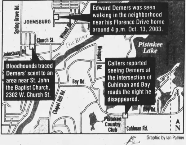 Edward Demers: Map of important locations in his disappearance.