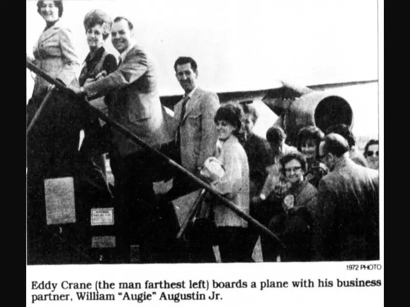 Eddy Robert Crane and William "Augie' Augustin board an airplane with their wives in 1972