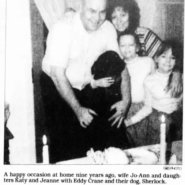 Eddy Robert Crane with his family and beloved dog, Sherlock, in 1983